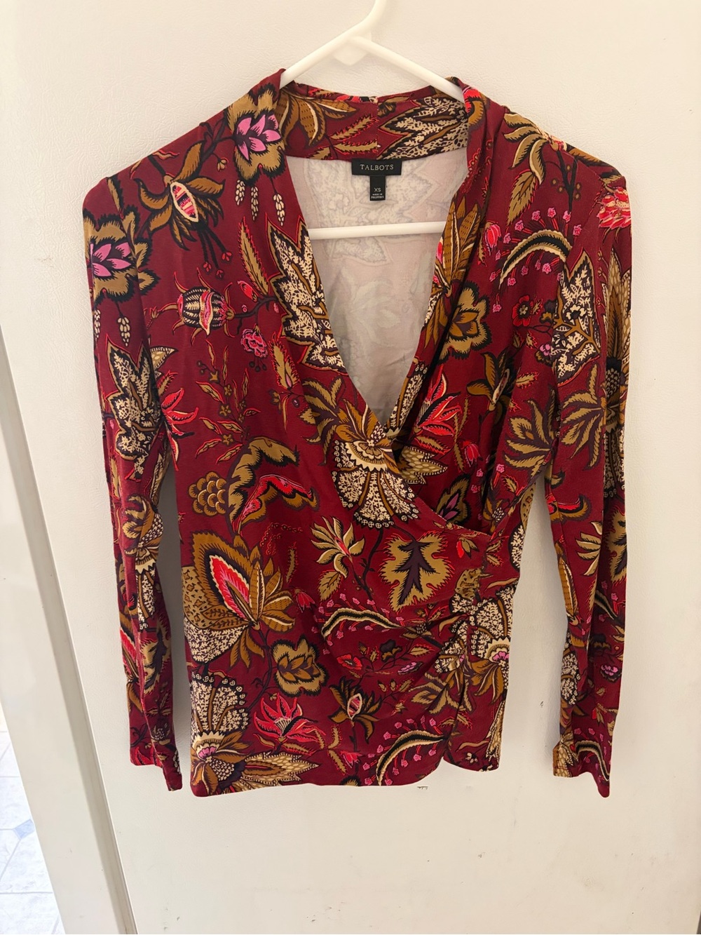 Talbots Women's Red Floral Wrap-Style Long Sleeve Top
